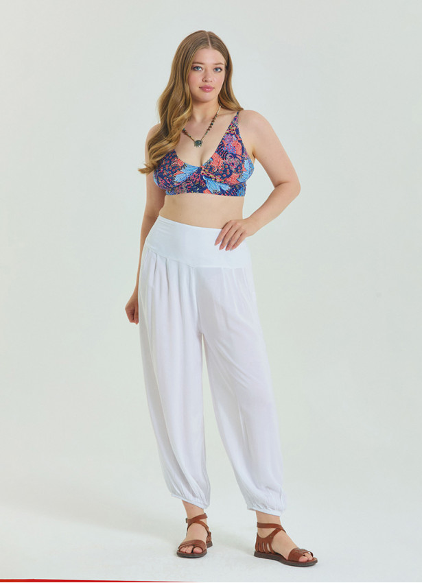 Elastic Waist Relaxed Cut White Plus Size Trousers 4628